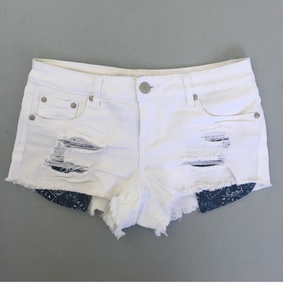 Rue21 Pants - Distressed Low Rise Short Shorts White Blue